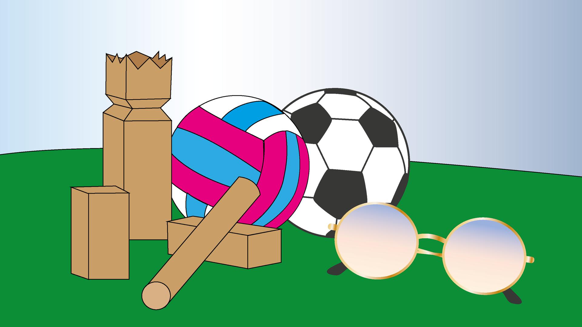 Illustration av kubb, fotboll, vollyboll och solglasögon