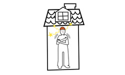 Illustration. Person strå och huttrar i sitt hus.