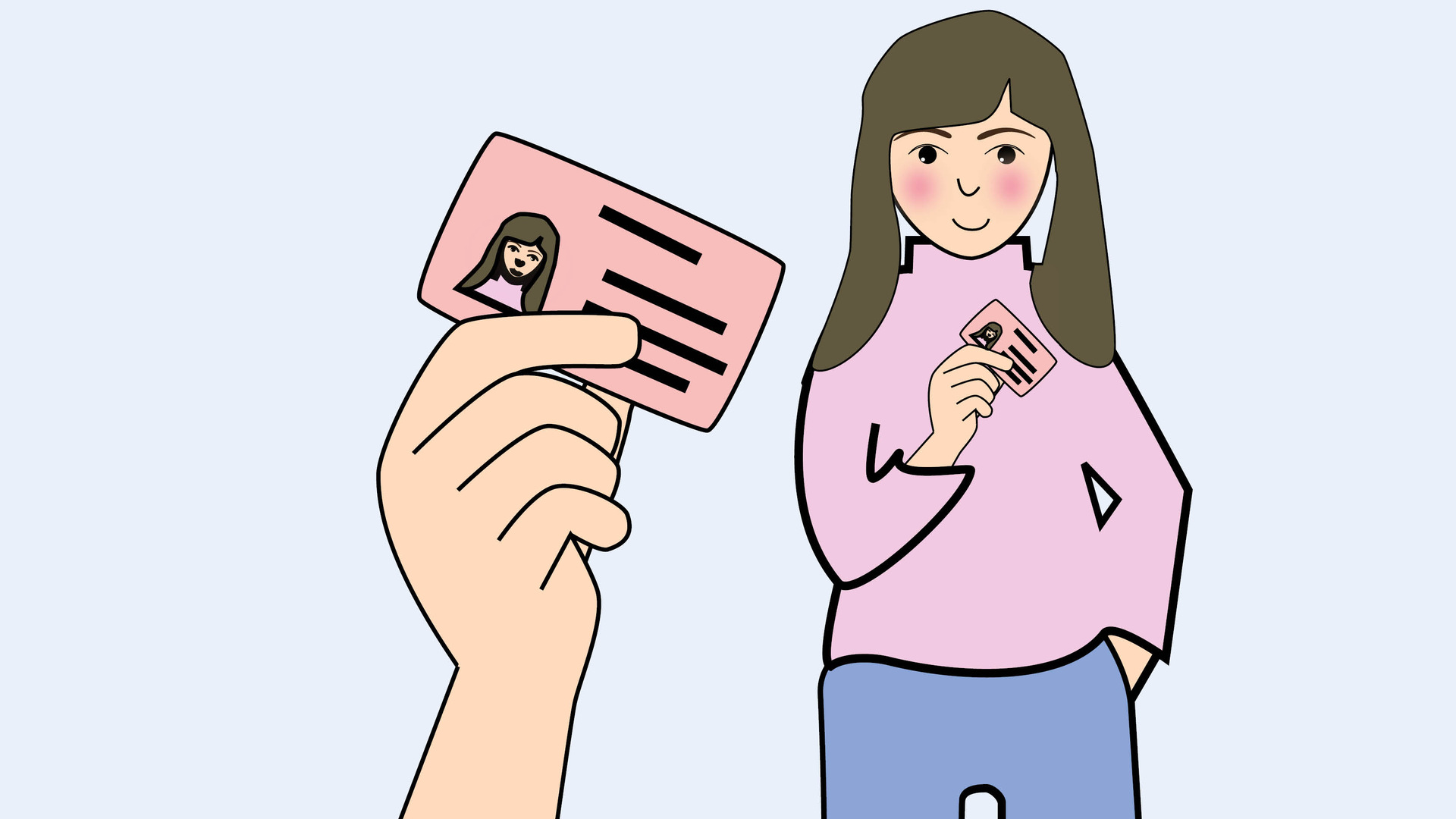 Illustration av person i rosa tröja med blåa byxor som håller i sitt ID-kort 
