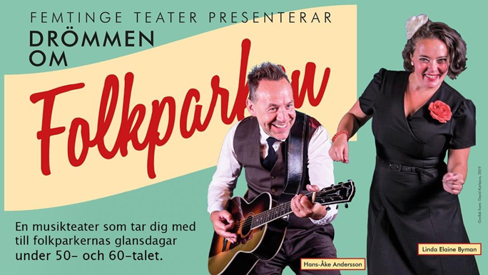 Affisch där en man spelar gitarr och en kvinna dansar
