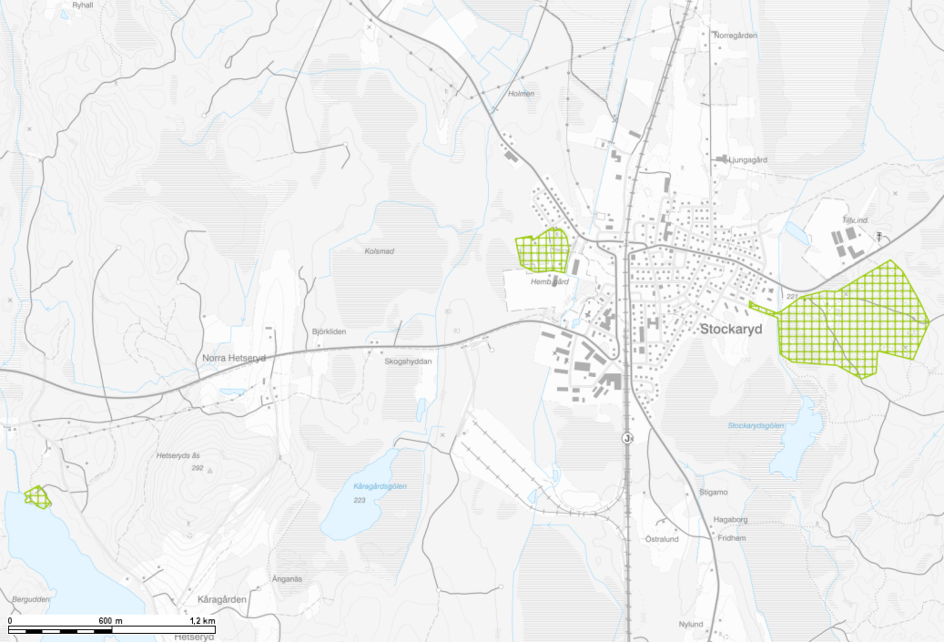 Karta över kommunintressen för friluftslivet i Stockaryd. 