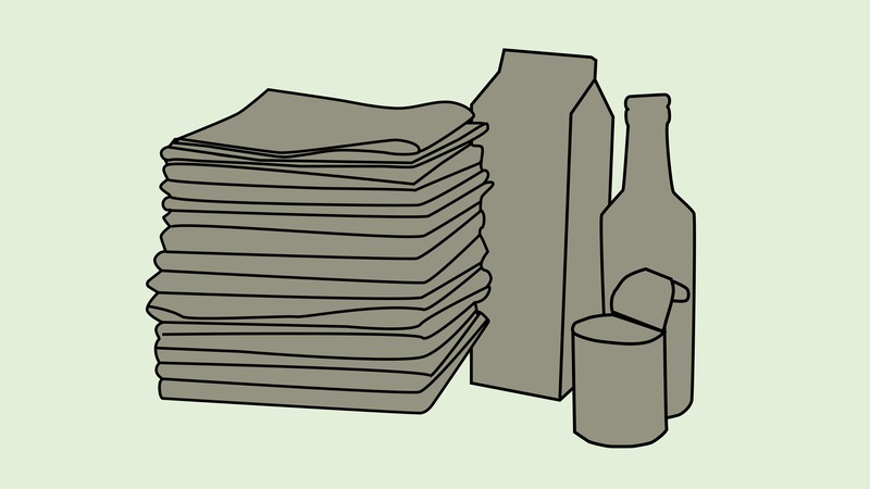 Illustration av tidningar, kartong, flaska och konservburk