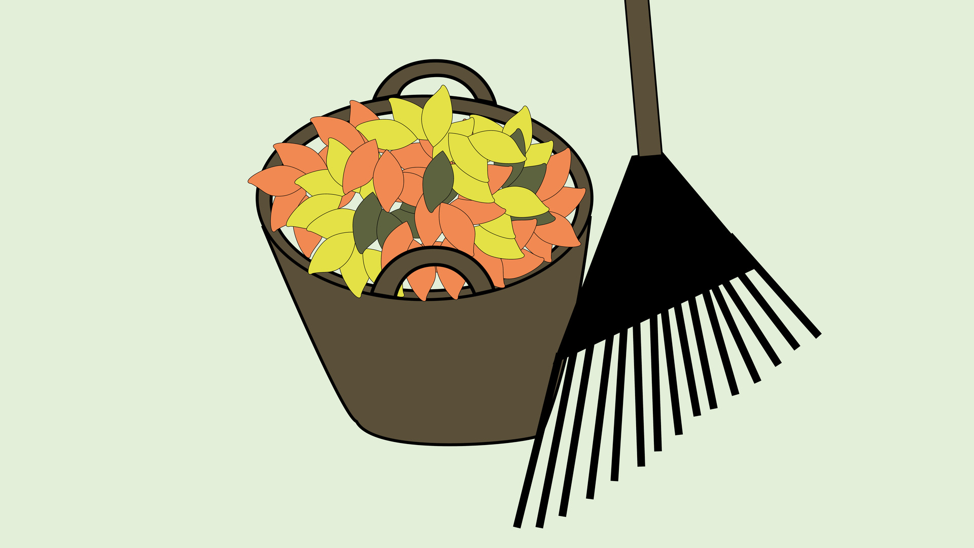 Illustration av korg med löv och kratta.