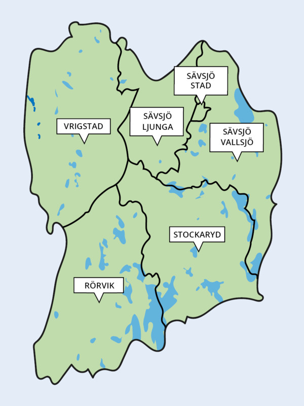 Kommunkarta indelad i de sex olika valområdena